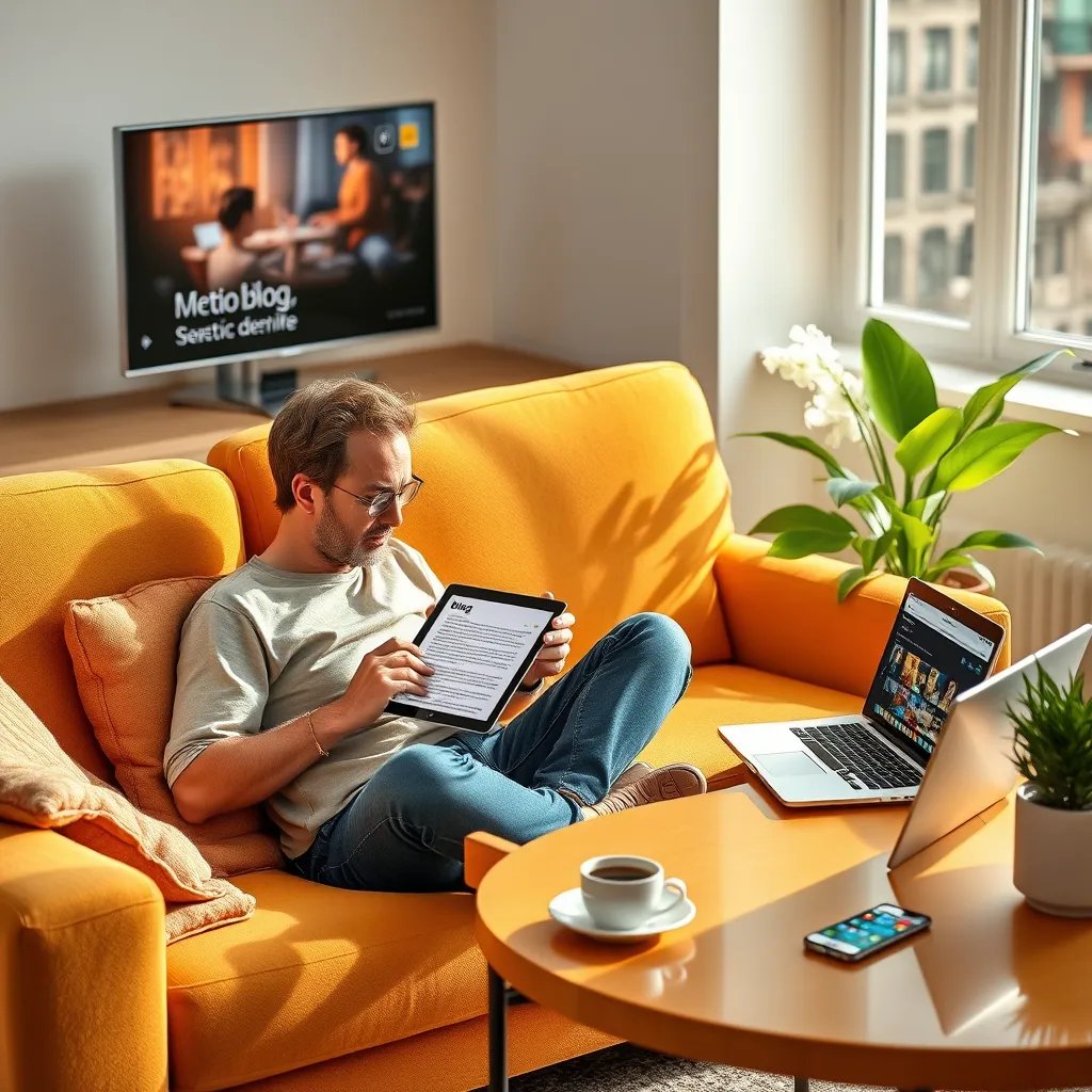 A bright and colorful scene with a person sitting on a comfortable sofa, engrossed in reading a blog post on a tablet. On a nearby table, a laptop displays a video streaming service, and a smartphone shows a social media feed.  A cup of coffee and a plant add a touch of warmth and vibrancy.