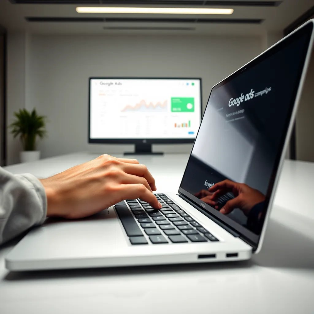 A close-up shot of a hand typing on a laptop keyboard, with a brightly lit Google Ads interface displayed on the screen. The interface shows various keywords, ad campaigns, and performance data, emphasizing the strategic and data-driven nature of the service. The background should be a minimalist, modern office setting with sleek, clean lines and neutral colors, creating a professional and focused atmosphere. Capture the image with a sharp, clean focus on the laptop screen and keyboard, showcasing the technical aspects of PPC advertising. The lighting should be bright and directional, creating a sense of clarity and efficiency. Render the image in 8K resolution with hyperrealistic detail, highlighting the intricate details of the laptop and its components.  Use a cinematic style, emphasizing the professional and engaging nature of PPC advertising.