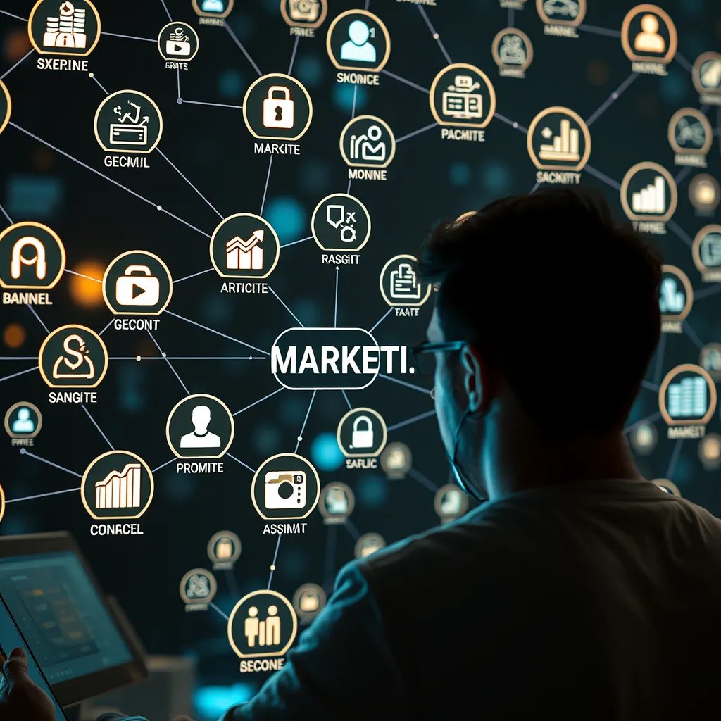 A digital marketer is navigating a complex network of interconnected digital marketing channels represented by icons. Each channel has different data points and statistics, indicating its effectiveness.