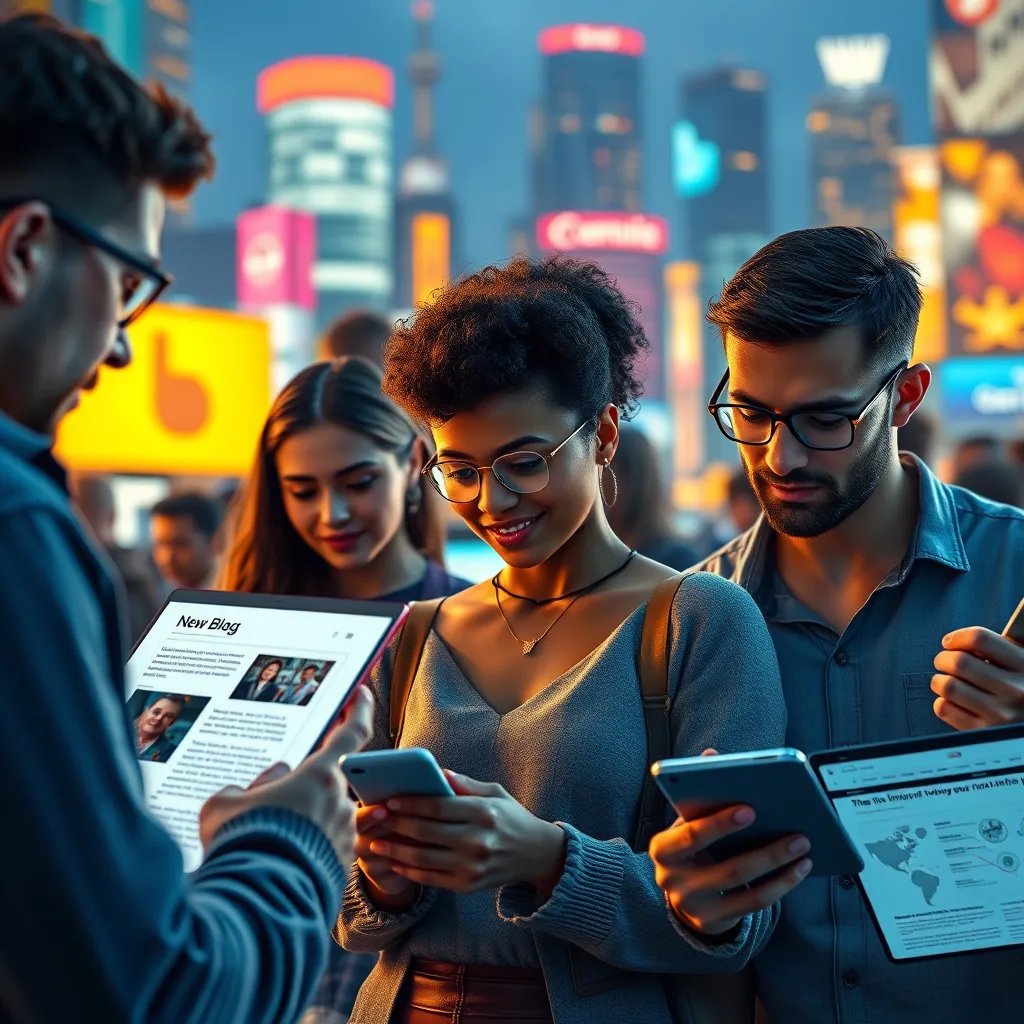 A diverse group of people are interacting with various forms of digital content, including blog articles, videos, social media posts, and infographics. The background features a vibrant cityscape with glowing digital screens.