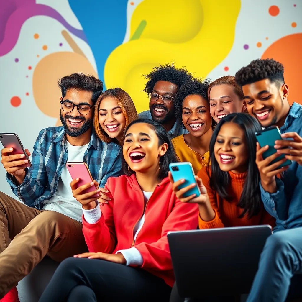 A dynamic composition showcasing a group of diverse individuals using various social media platforms on their smartphones and laptops. They are laughing, interacting, and sharing content, highlighting the social aspect of the service. The background is a vibrant, colorful abstract design representing the dynamic nature of social media. Use bright, energetic colors and a playful, energetic mood for the image. Capture a wide-angle shot with a dynamic perspective, emphasizing the connectivity and interaction. Emphasize the diverse range of individuals and their individual styles, reflecting the inclusive nature of social media. Render the image in 8K resolution with photorealistic detail, ensuring vibrant colors and a captivating overall aesthetic.