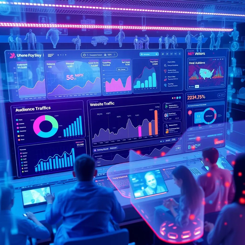 A futuristic dashboard with data visualizations displaying audience demographics, website traffic, and marketing campaign metrics. The dashboard is surrounded by holographic projections of people interacting with digital content.