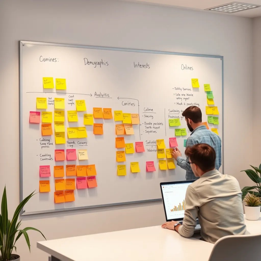 A modern, minimalist office with a whiteboard filled with colorful sticky notes representing different demographics, interests, and online behaviors. A person is standing by the whiteboard, analyzing the notes and looking at a laptop displaying website analytics.