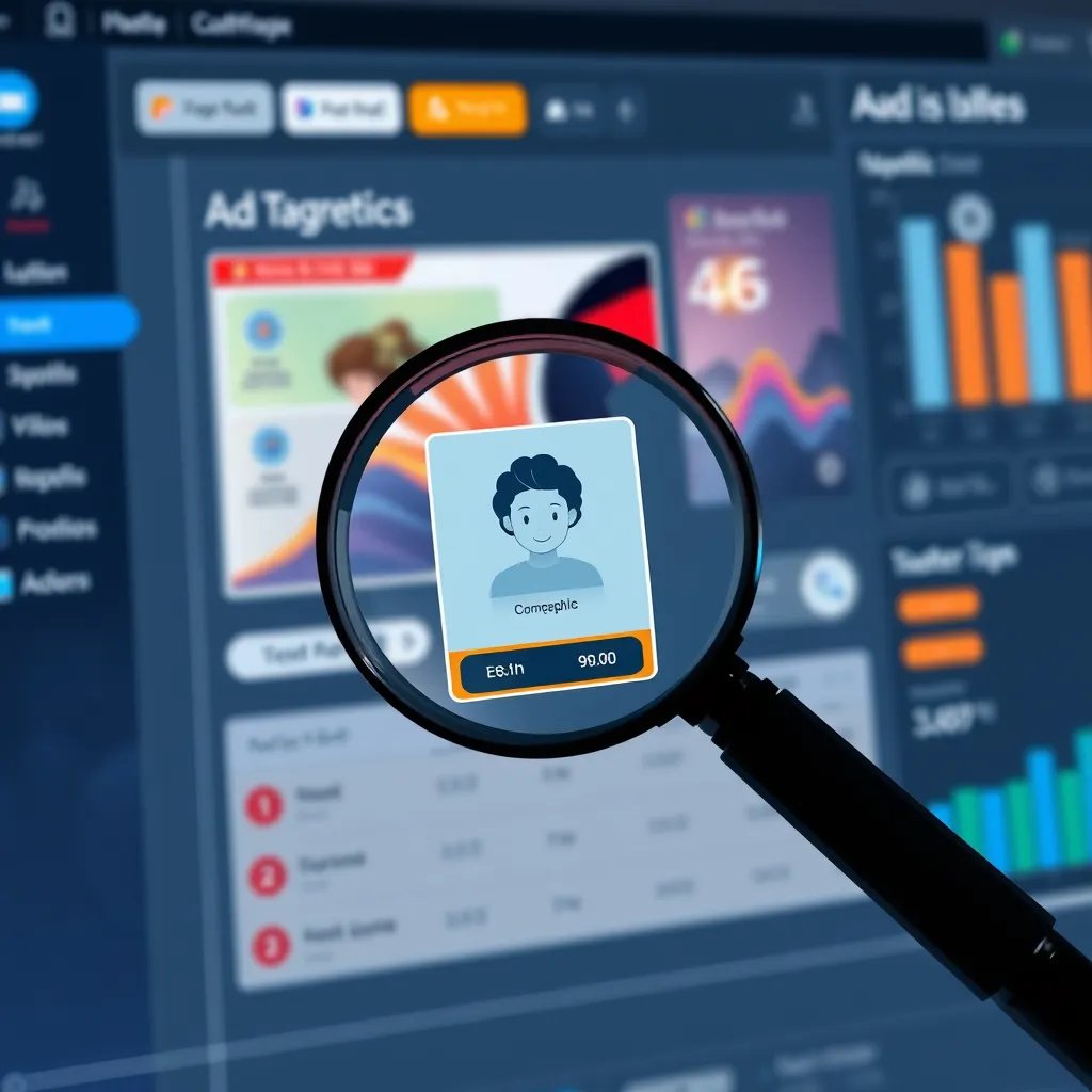 A photorealistic illustration of a digital marketing dashboard showing a targeted ad campaign with various demographics and interests selected, overlaid with a magnifying glass focusing on a specific user profile.