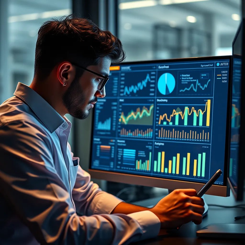 A photorealistic image of a digital marketing analyst reviewing data on a computer screen, showing graphs, charts, and key performance indicators related to a digital marketing campaign, highlighting the insights derived from data analysis.