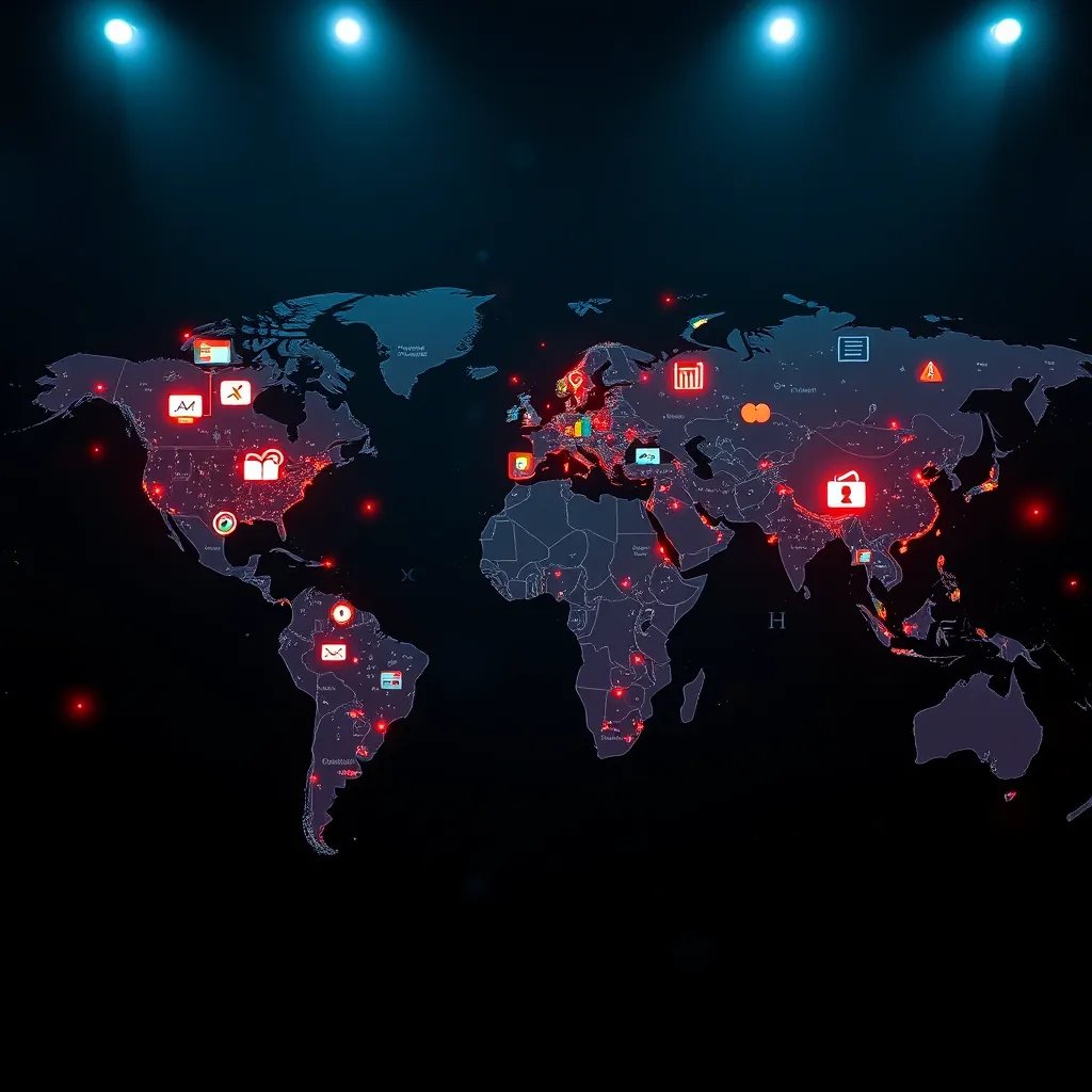 A photorealistic image of a world map with various digital marketing icons and data visualizations superimposed on it, representing the global reach of digital marketing campaigns.