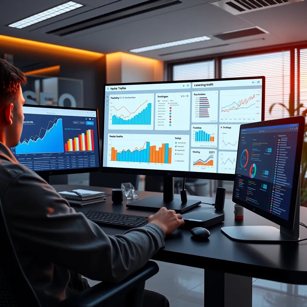 A sleek and modern office space with a person working on a computer, using various tools and data to analyze website traffic and SEO performance. The screen displays graphs, charts, and keywords, showcasing the process of optimizing content for search engines.