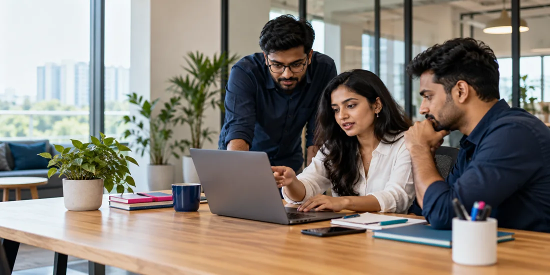AI-generated illustration of technology professionals collaborating in a bright modern office