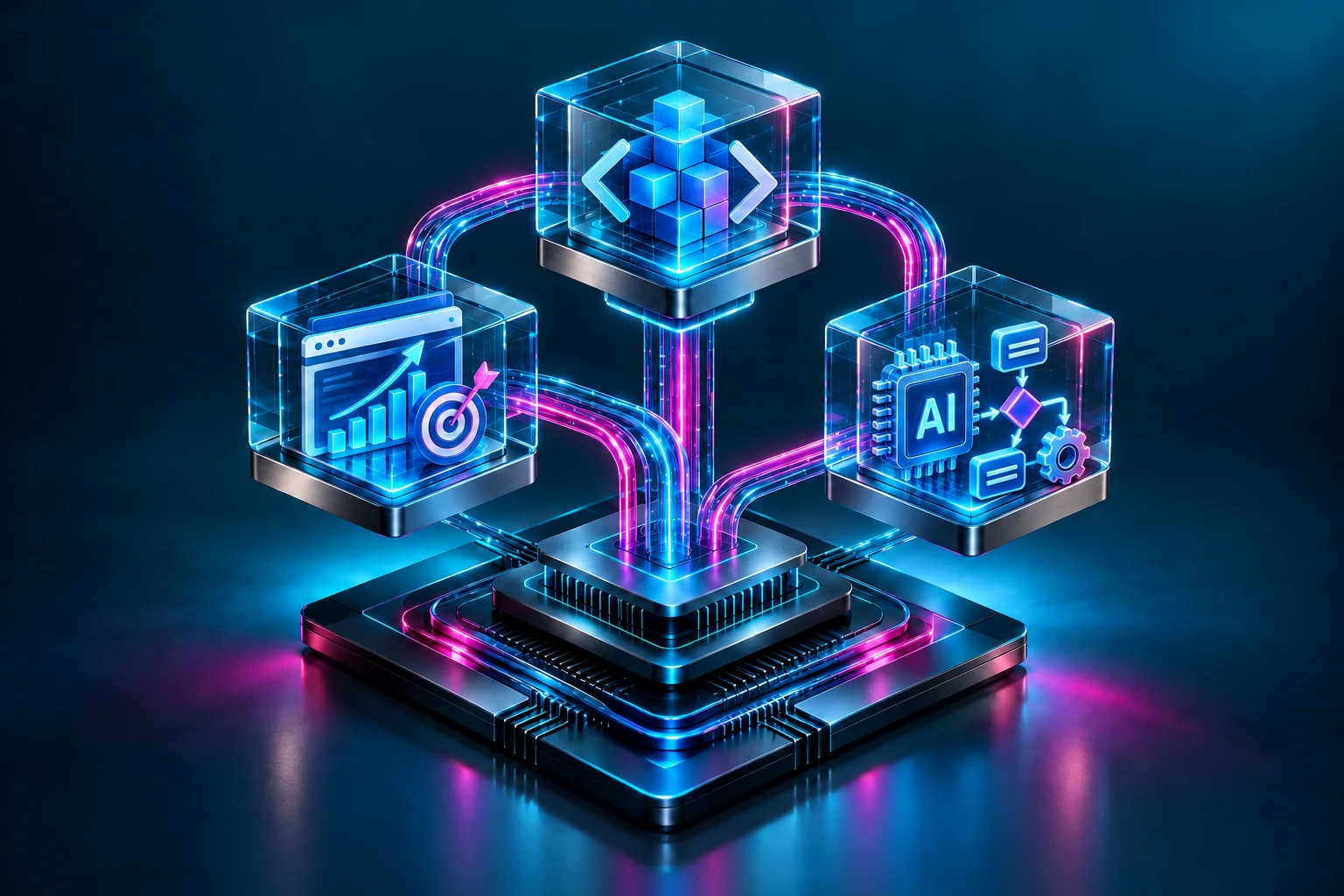 Abstract connected glass technology sculpture in teal, blue and magenta