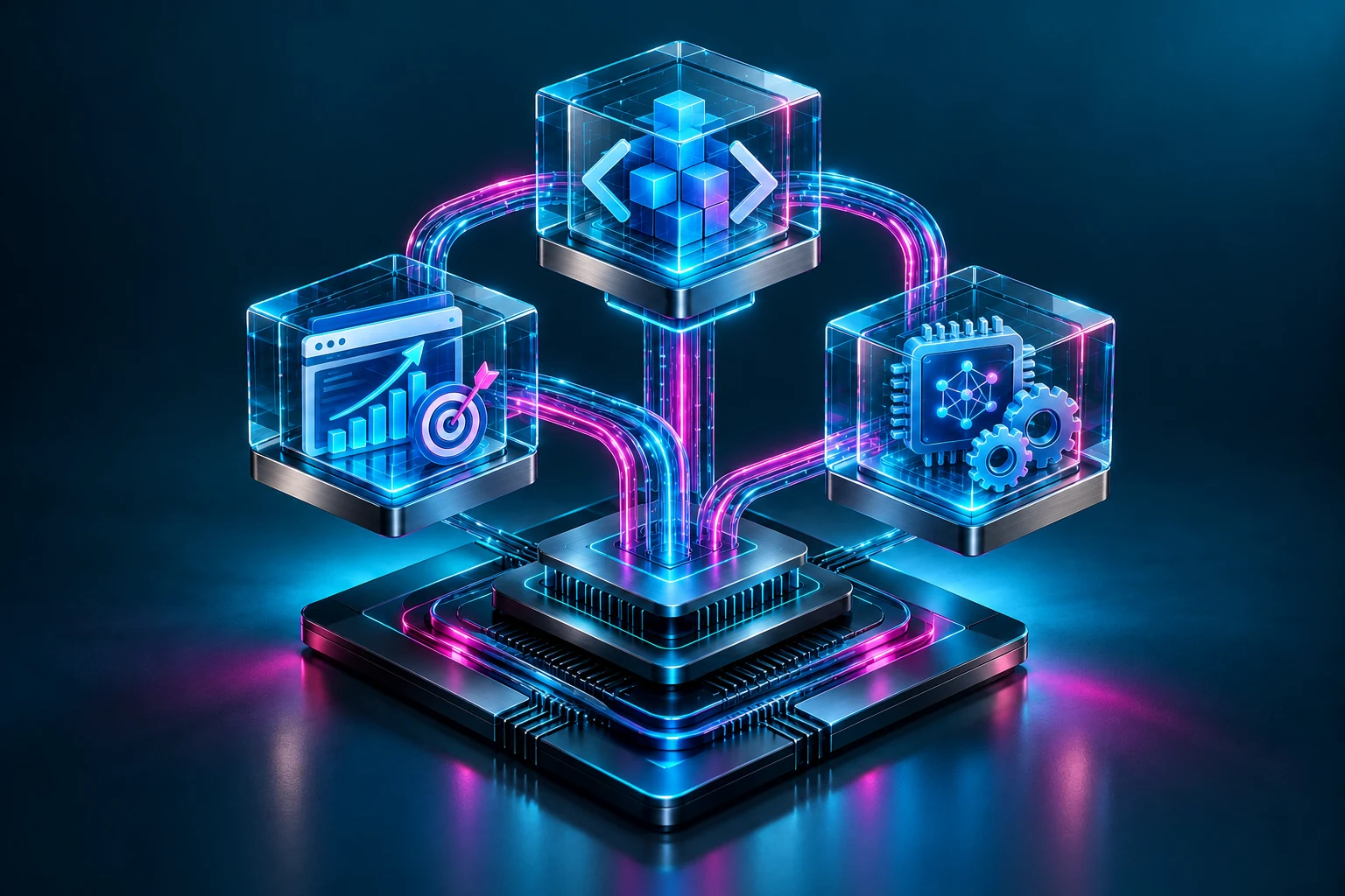 Abstract connected glass technology sculpture in teal, blue and magenta